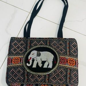Embroidered Elephant Pattern Tote Bag - Black and Orange